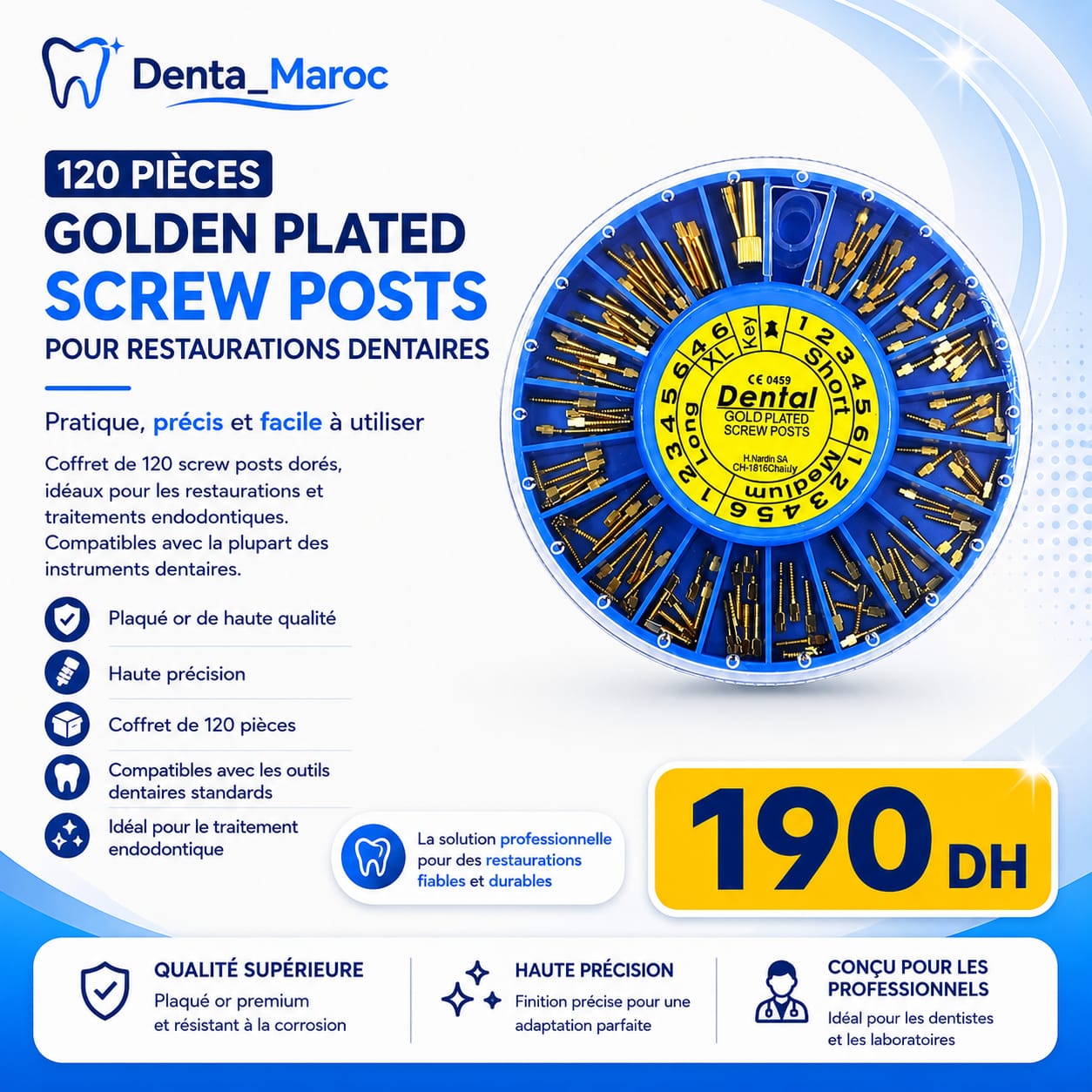 Coffret de 120 Screw Posts Dorés pour Restaurations Dentaires – Golden Plated