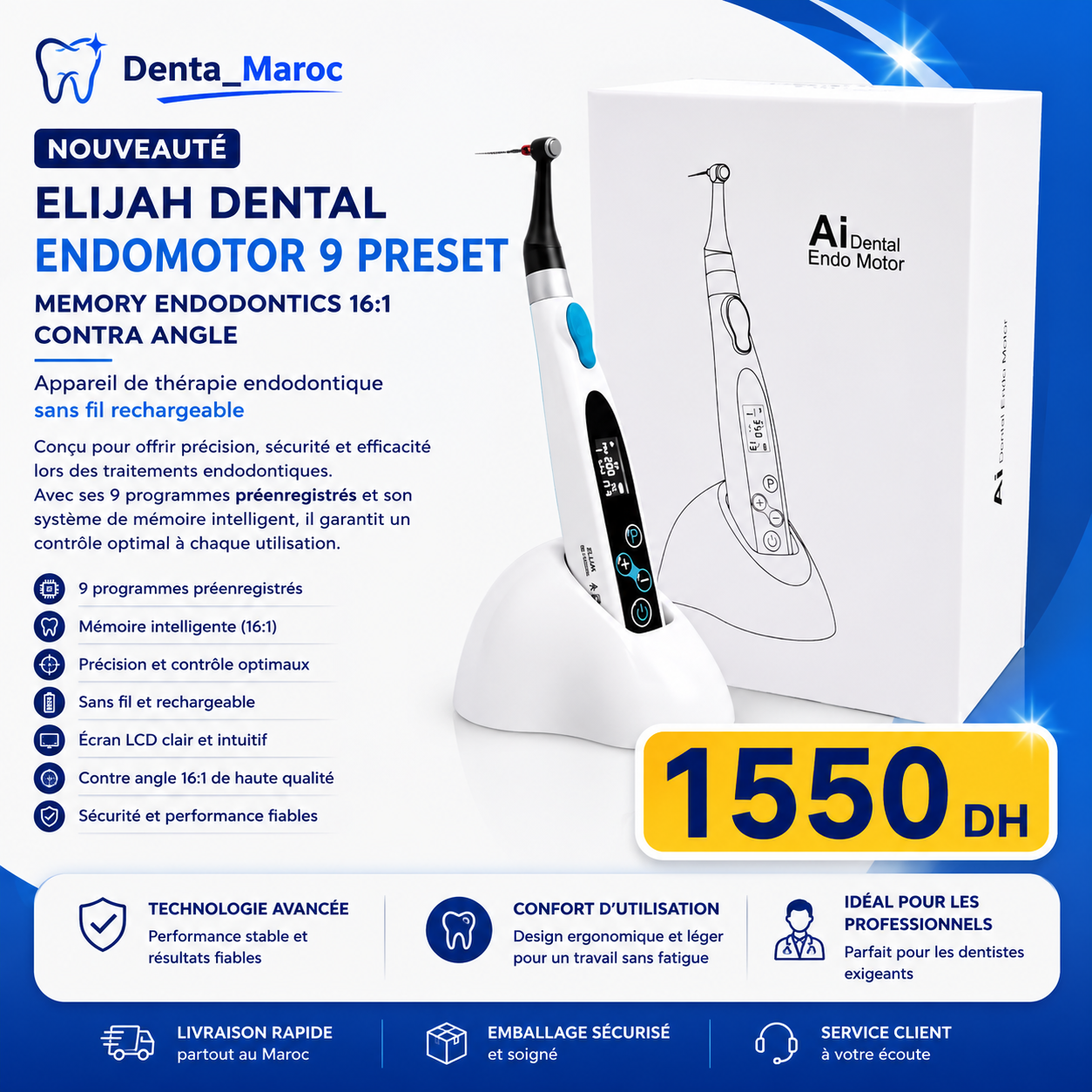 Dental Endomotor – Moteur Endodontique Sans Fil avec Contre-Angle 16:1