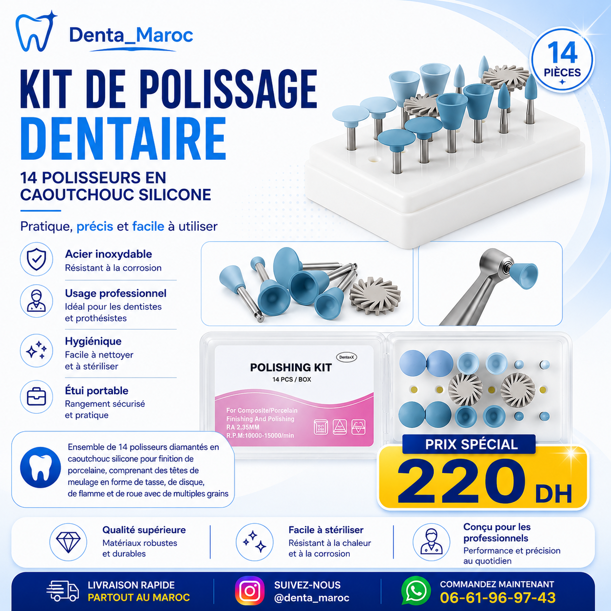 Kit de Polissage Dentaire – 14 Polisseurs en Silicone pour Composite et Porcelaine